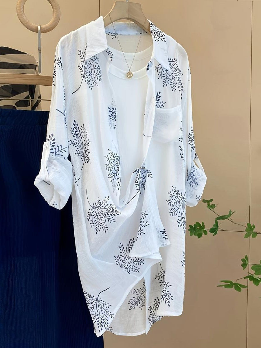Women's clothing hot selling in spring and summer, fashionable printed loose women's long sleeved shirt, rolled up casual shirt