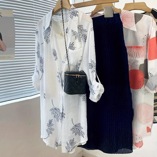 Women's clothing hot selling in spring and summer, fashionable printed loose women's long sleeved shirt, rolled up casual shirt