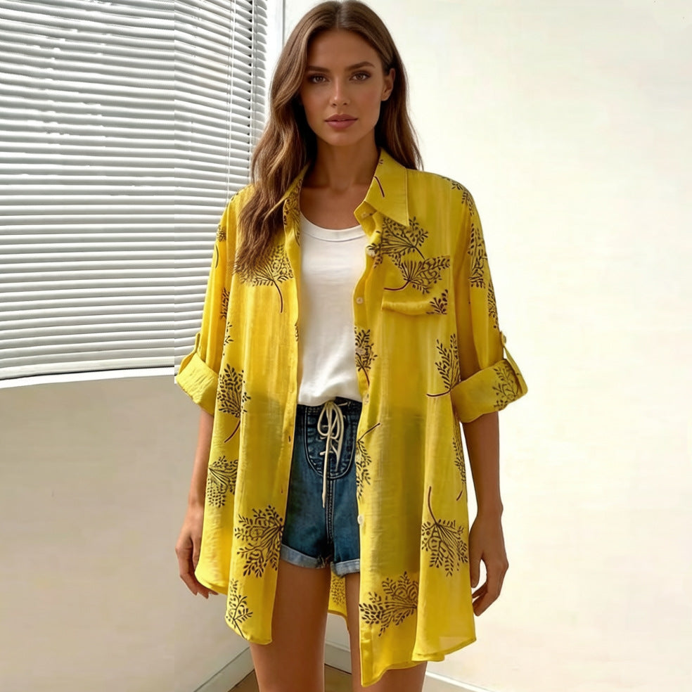 Women's clothing hot selling in spring and summer, fashionable printed loose women's long sleeved shirt, rolled up casual shirt