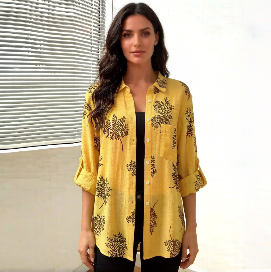 Women's clothing hot selling in spring and summer, fashionable printed loose women's long sleeved shirt, rolled up casual shirt