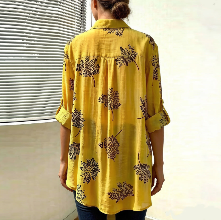 Women's clothing hot selling in spring and summer, fashionable printed loose women's long sleeved shirt, rolled up casual shirt